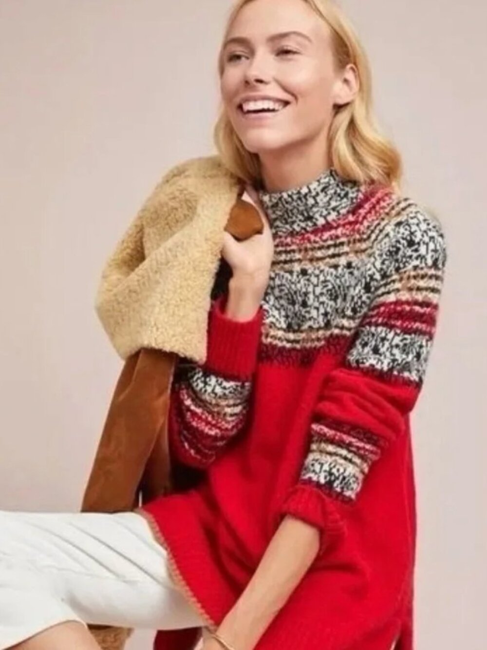 Moth for Anthropologie Red Fair Isle Oversized Sweater